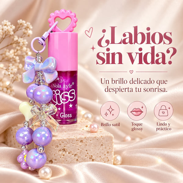 Brillo labial llavero con cuentas y lazo