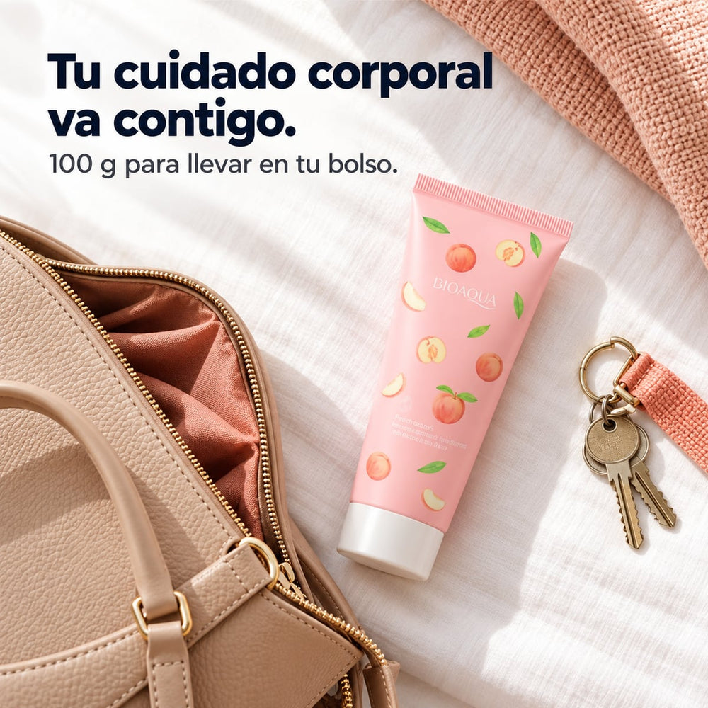 Crema corporal de durazno para llevar en el bolso