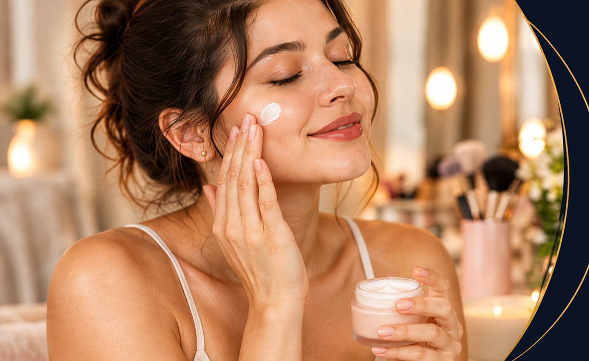 Mujer aplicando crema facial en su momento de autocuidado