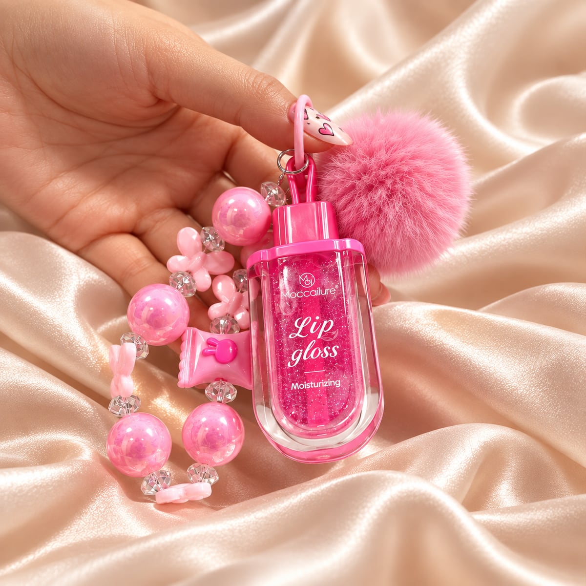 Detalle del brillo labial llavero con pompón