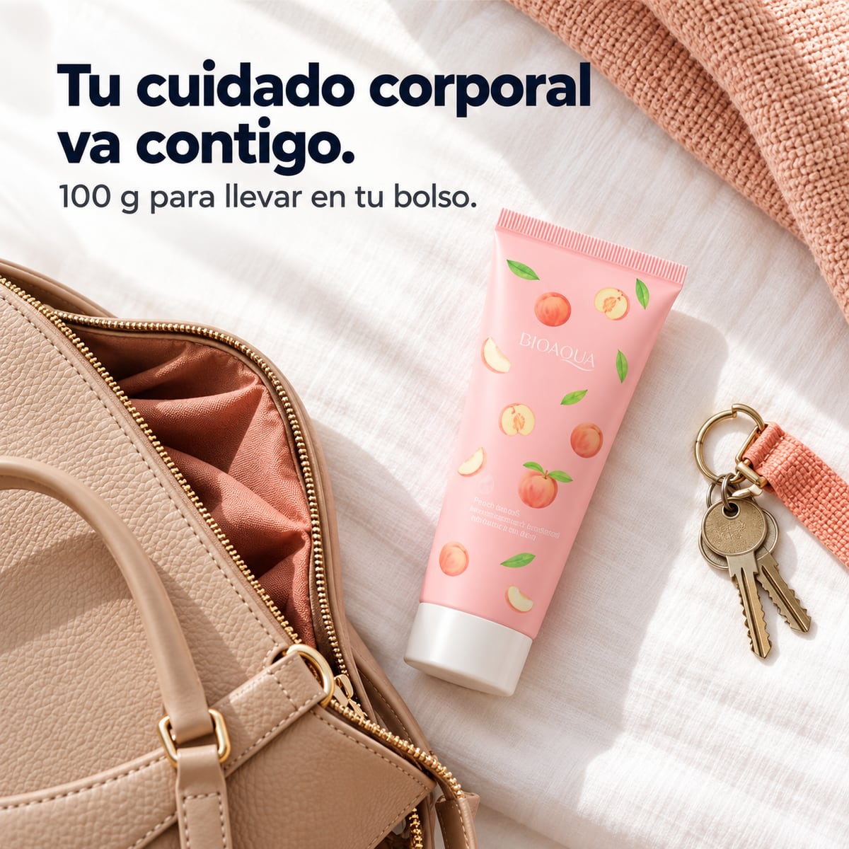 Crema corporal de durazno para llevar en el bolso