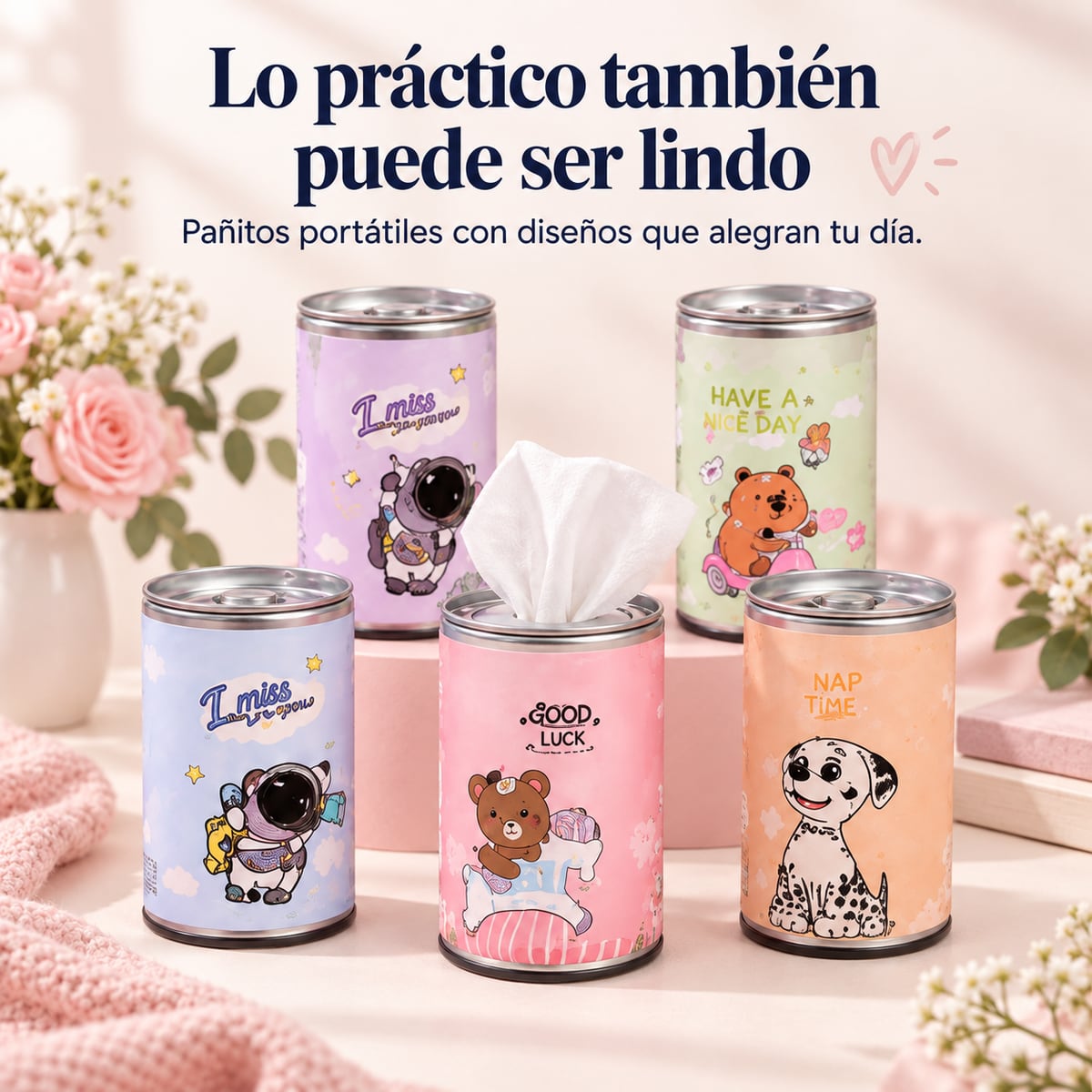 Pañitos portátiles en lata con diseños surtidos
